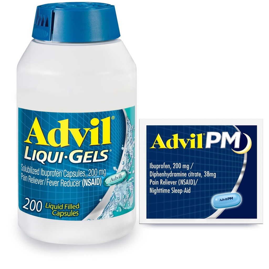 Advil Liqui-Gels Pain Reliever and Fever Reductor, Pain Medicine for Adulţi cu Ibuprofen 200mg for Headache, Backache, Menstrual Pain and Joint Relief - 200 Capsule, Advil PM Ibuprofen - 2 Ct