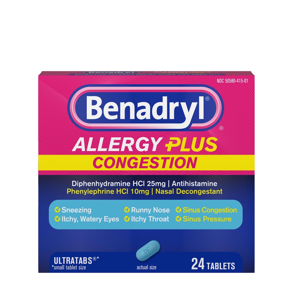 Benadryl Alergia Plus Congestia Ultratabs, Medicină cu clorhidrat de difenhidramină Antihistamină şi HCl Fenilefrină HLC Nasal Decongestant, Tablete de relief pentru alergie şi congestie sinusală, 24