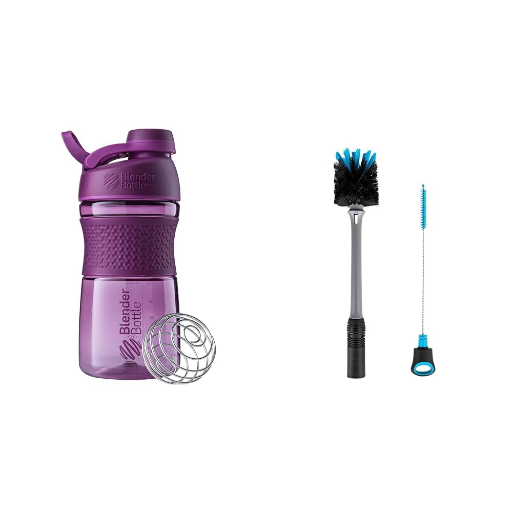 BlenderBottle SportMixer Sticla Shaker Perfect pentru Shake-uri de proteine și antrenament Pre, 20-Ounce, Plum & 2-in-1 Shaker Sticla și Straw Curățare Perie, 1 Pack,Gray