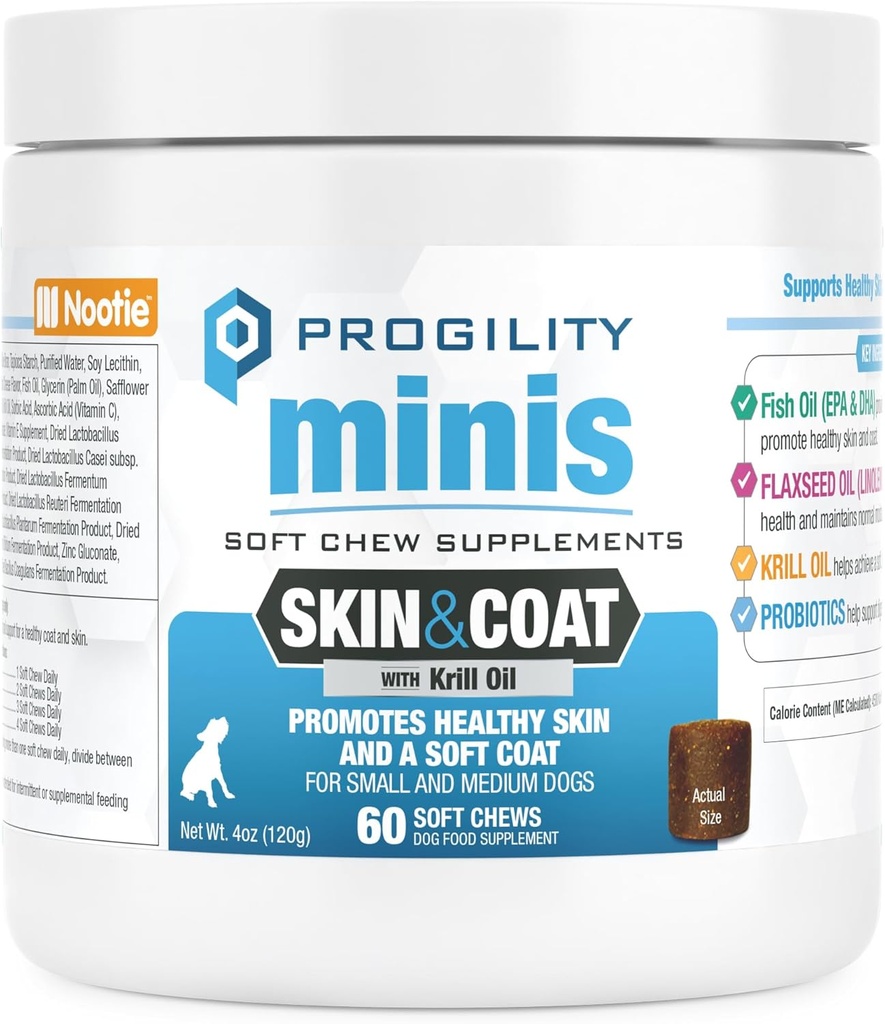 Progilitate Nootie Mini Skin & Coat Supliment pentru câini de talie mică, ulei de pește susține sănătos piele și haină, 60 Chews moale pe container