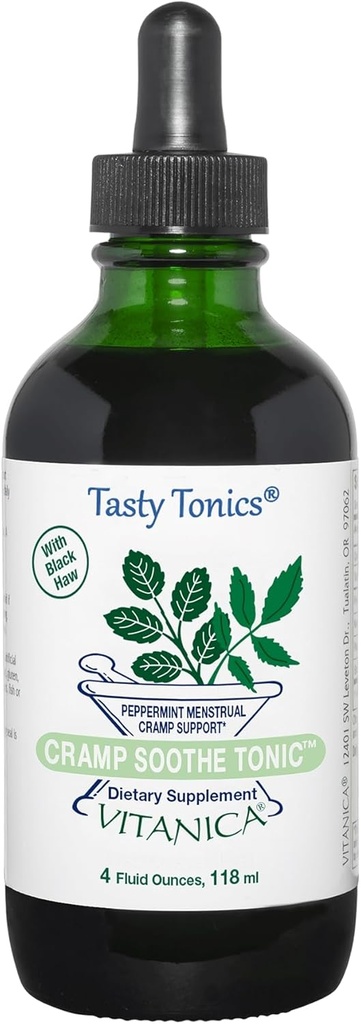 Vitanica Cramp Soothe Tonic, Dr Formulated Menstrual Cramp Support, cu Black Haw Bark, Valerian Root, Ginger Root, și Garrya Herb, Alcool gratuit, Vegan, 4 Ounce- Pro Logo