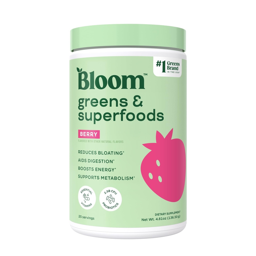 Bloom Nutrition Superfood Greens Powder, Enzime digestive cu Probiotice și Prebiotice, Sanatate Gut, Blooting Relief pentru femei, Chlorella, Green Juice Mix cu Root Powder, 25 SVG, Berry
