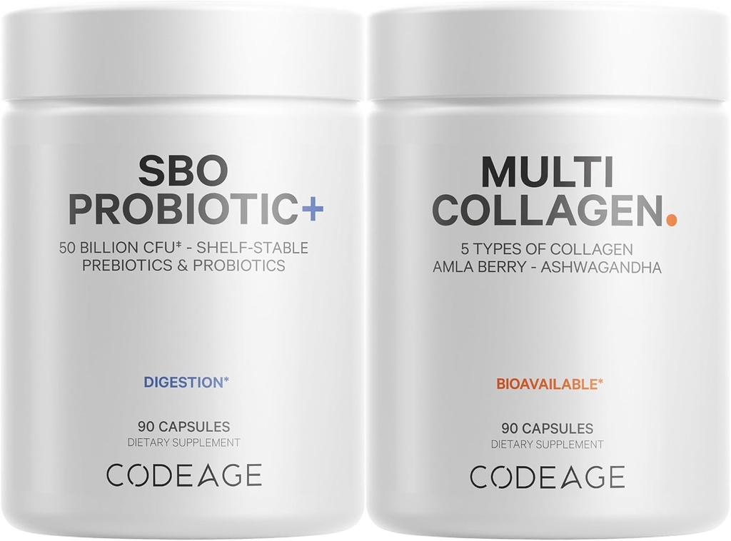 Codeage Multi Colagen Proteine Capsule 5 Tipuri, Ashwagandha Withania Somnifera & Organic Amla Berry + SBO Probiotic Blend 50 Miliard CFU Bundle, Lactobacillus Plantarum, Bacillus Subtilis, Non-GMO