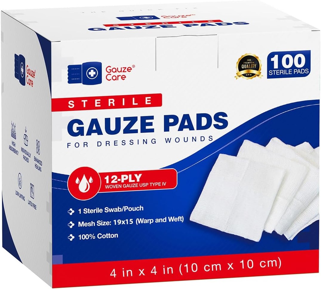 100pc Paduri mari de tifon steril 4x4 Steril pentru răni Bulk - 12ply fasonate Burete de tifon 4x4 Steril - USP IV Respirabil Mesh 4x4 Paduri de tifon steril pentru absorbție îmbunătățită - primul ajutor medical
