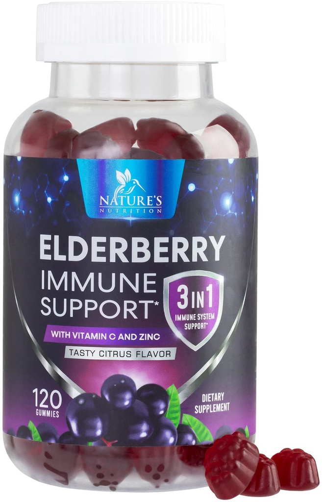 Gume de soc cu vitamina C, D3 și zinc - Suport imun Gummy pentru copii și adulți, Black Elderberry Extract Gummy Immune Health Supplement, Black Elder Berry Vitamina - 120 Gummies