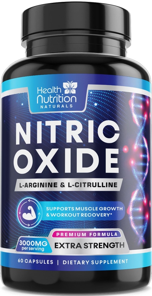 Putere suplimentară Oxid de azot Booster 3000mg - 3X L-Araginină AKG & HCI + L-Citrulină Malate - Cel mai bun supliment azotat de susținere musculare - Energie naturală, suport de sănătate cardiacă îmbuteliat SUA - 60 capsule