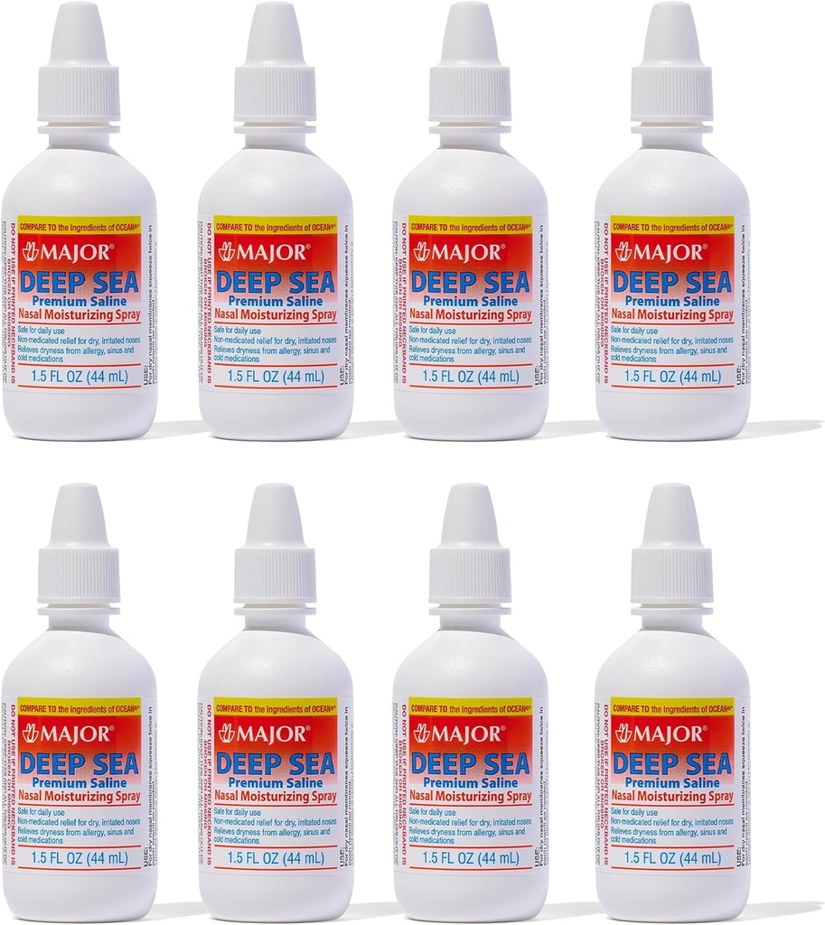 Salina Premium de la Marea Deep - Spray hidratant nazal pentru uscare si iritatie - Clorură de sodiu 0,65% - 1,5 Fl. Oz (8 ambalaj)