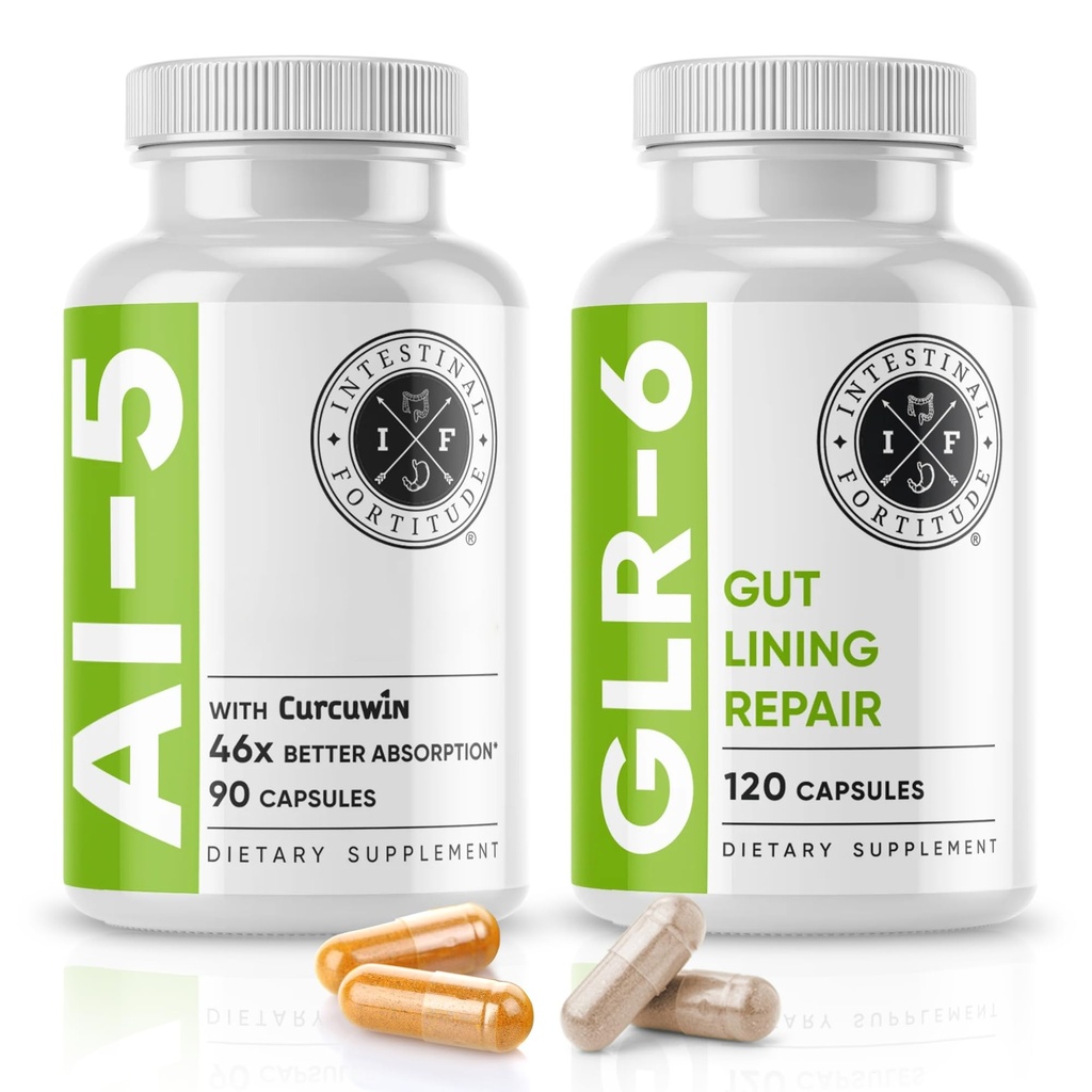 Fortitudine intestinală AI-5 & GLR-6 Supliment digestiv de sănătate Bundle w/Glutamine, Turmeric, Curcumin pentru Gut Health Capsule Supliment & Support Digestive Health, Non-GMO, Dairy Free - 30-Day Supply