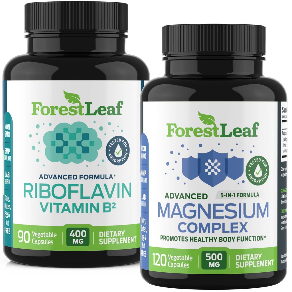 ForestLeaf Riboflavină & Magneziu Suplimentul de Migrenă - Riboflavin 400mg pentru Relief de Cefalee - Ultimate Magneziu Bundle cu vitamina B2 400mg pentru Migrenă Capsule de relief