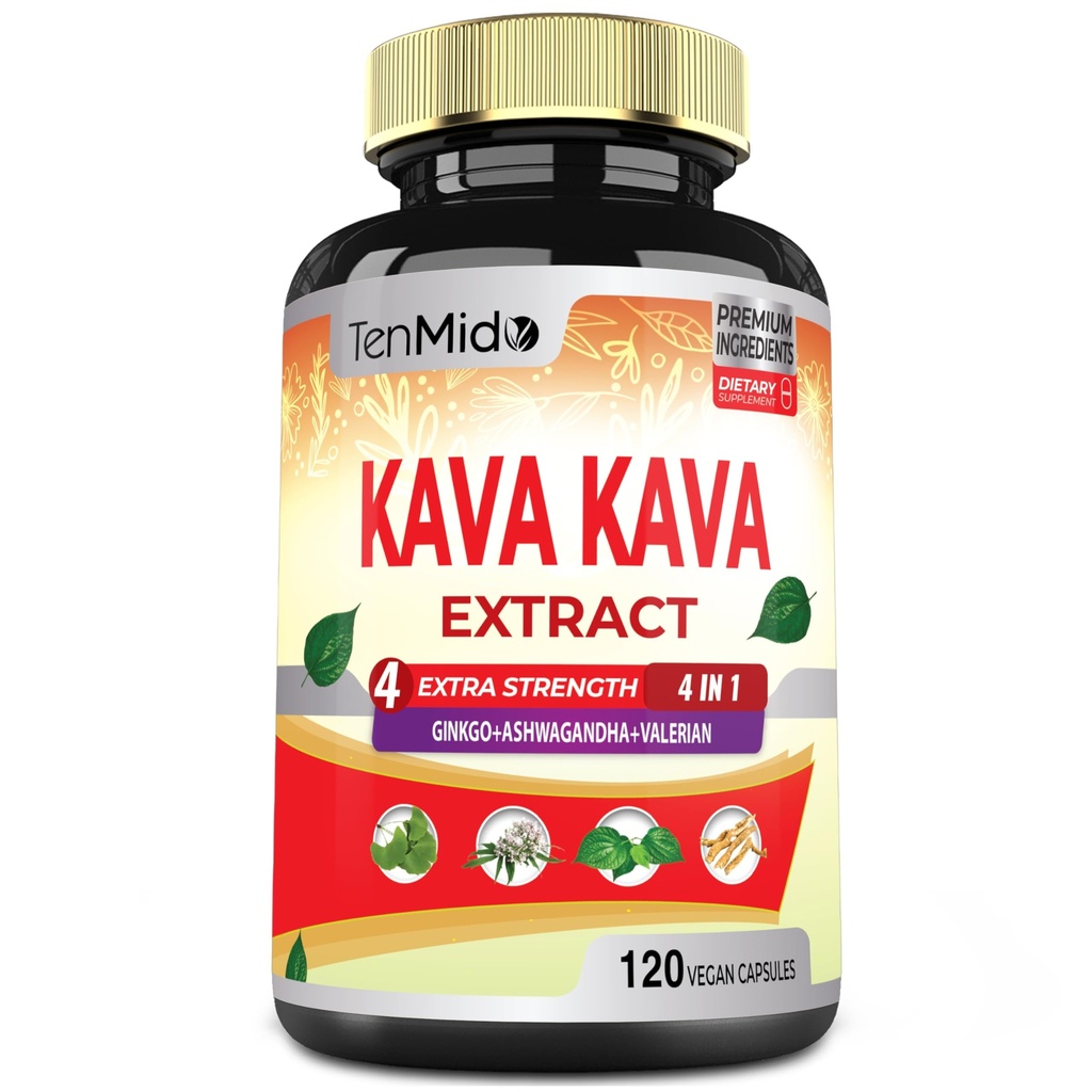 Kava Kava Supliment Extract capsule, 4 luni aprovizionare cu Ginkgo, Ashwagandha, Valerian- Relaxare sprijină Supliment - 120 capsule Vegan