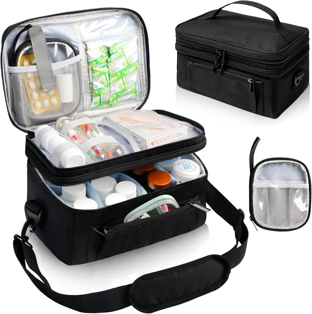 Medicine Bag for Traveling with Portable Small Pouch, Double Layer Pill Bottle Organizer Storage Case with Lockable Zippers, Carrying Medication Travel Case with Shoulder Strap (BAG ONLY) Black