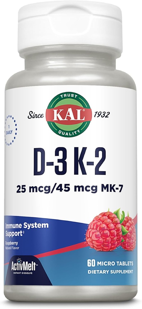 KAL Vitamina D3 K2 ActivMelt, Bone Health, Heart and Immune Supplement w/ D3 1000 UI and MK7 Vitamina K2, Instant dizolvation Tabs, Natural Raspberry Flavor, 60 Servings, 60 Micro tablets