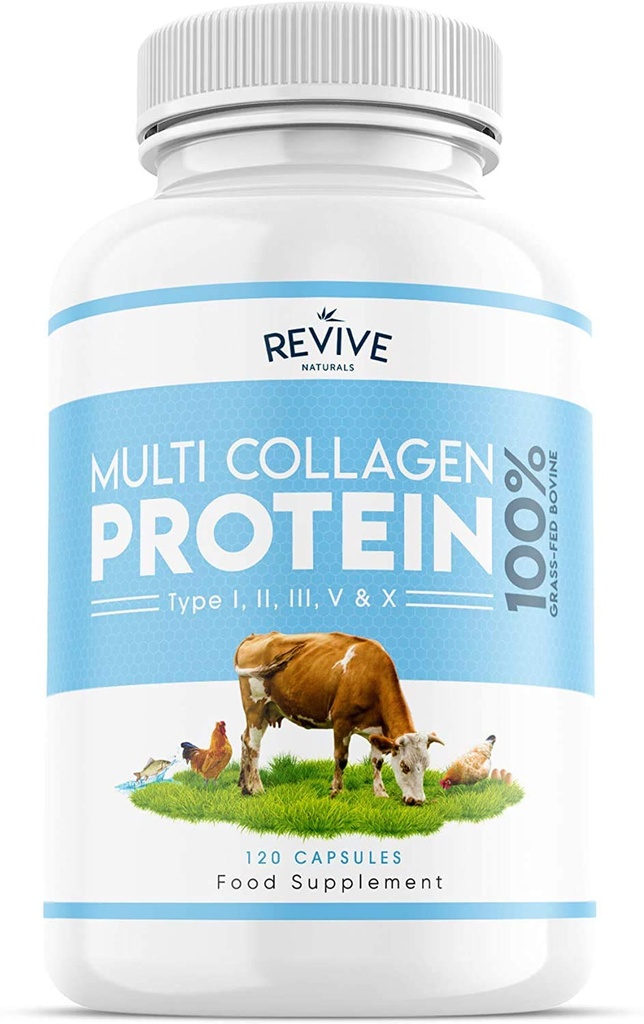 Naturals Revive Multi Colagen Proteine Capsule - Tipurile I, II, III, V & X - Hidraulizate Iarba bovine Fed, Wild Caught Marine & Free-Range Pui, Made with Hyaluronic Acid & Vitamin C, 120 Caps