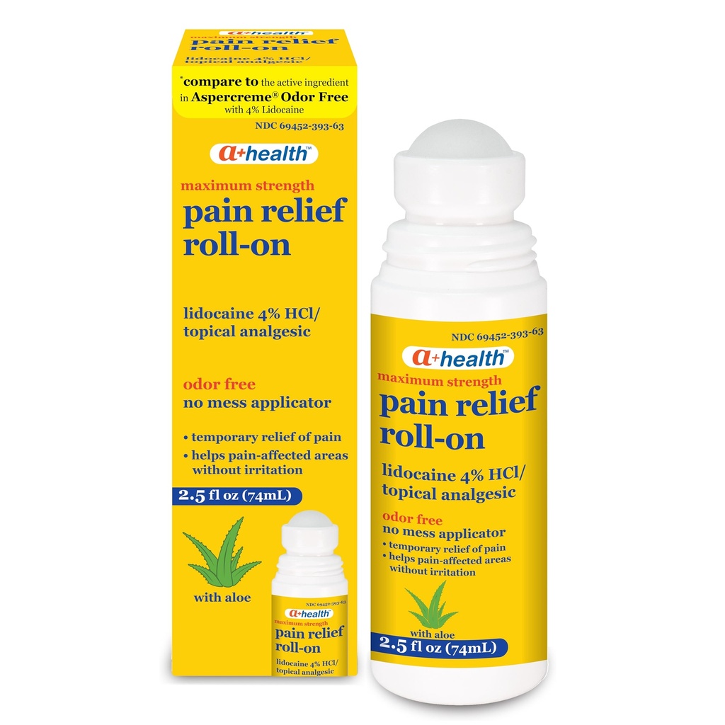 A+Health Pain Relief Roll-On Liquid, Lidocaină 4%, Odor Free, Putere maximă Durere + Mâncărime Ajutor cu Aloe, Made in USA, 2,5 fl Ounces