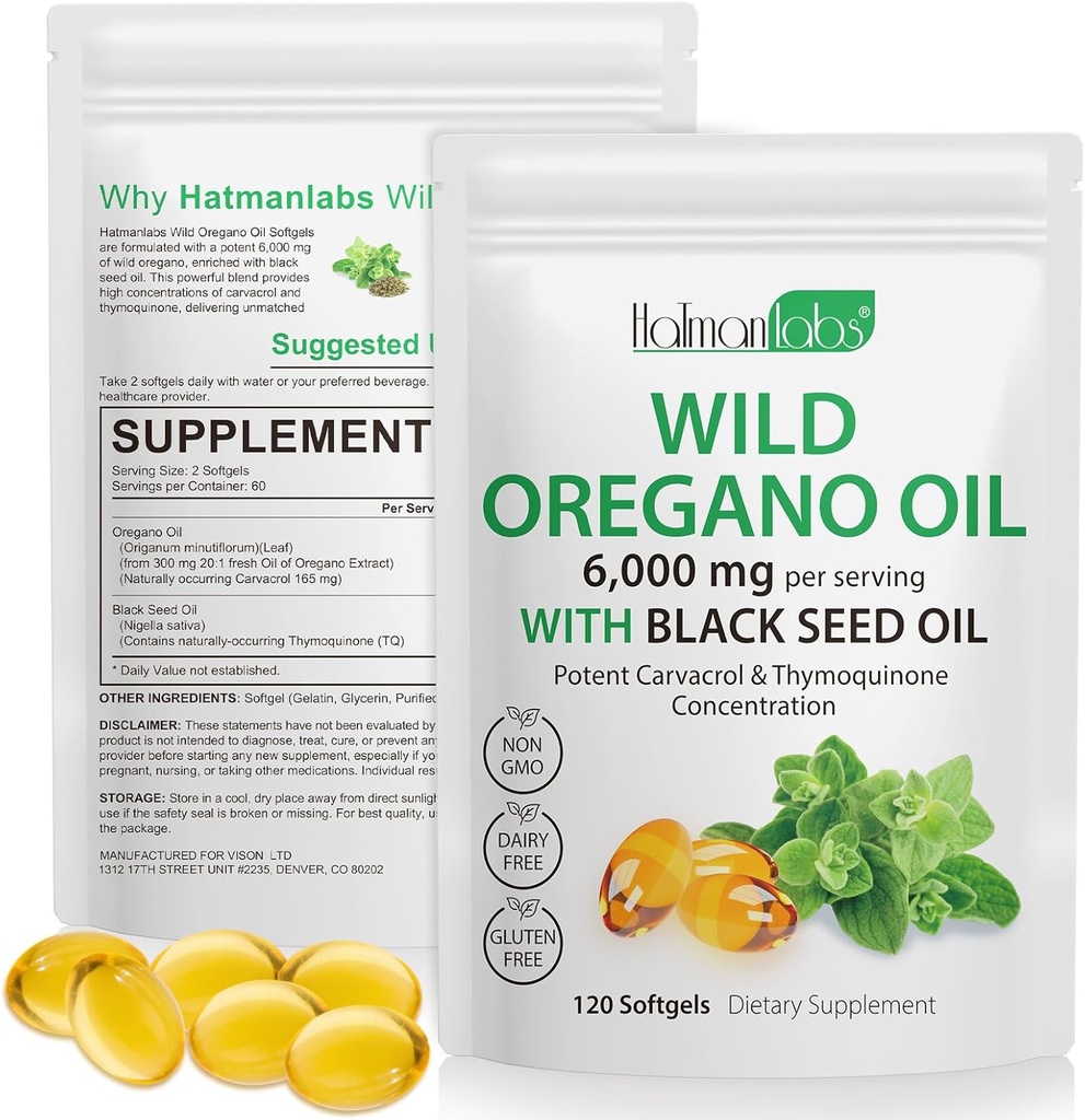 Ulei de Oregano Capsule - Ingrediente Ulei de Oregano Softgels - 2 la 1 6000 mg Ulei de Oregano cu ulei de semințe negru 200mg - Carvacrol mare și Thymochinonă pentru suport imun