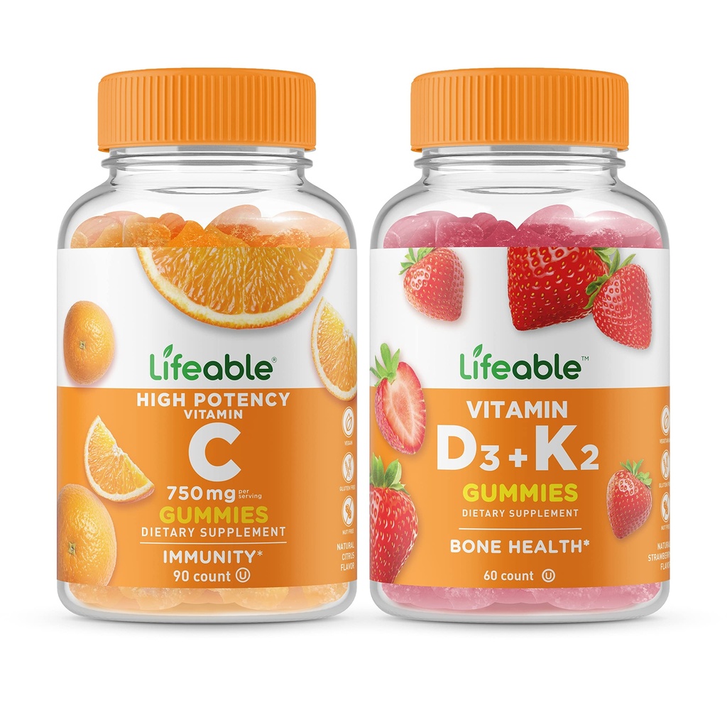Vitamina C de viață 750mg + vitamina D3 + vitamina K2, Gummie Bundle - mare Tasting, Supliment de vitamine, gluten gratuit, OMG-uri Gratuit, Guma de mestecat