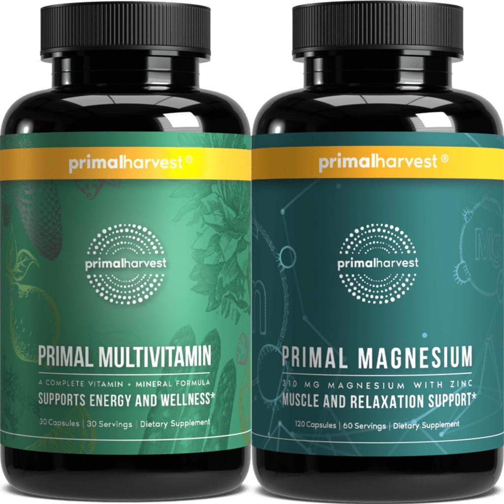 Primal Harvest Multivitamine și Suplimente de magneziu pentru femei și bărbați Multi Vitamine Capsule și Pastile Glicinate de magneziu Bundle