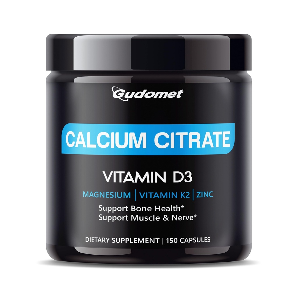 Citrat de calciu de mare absorbţie cu vitamina D3 şi K2 - Suportă sănătatea osoasă, musculară şi nervoasă - 150 capsule, fabricate în SUA