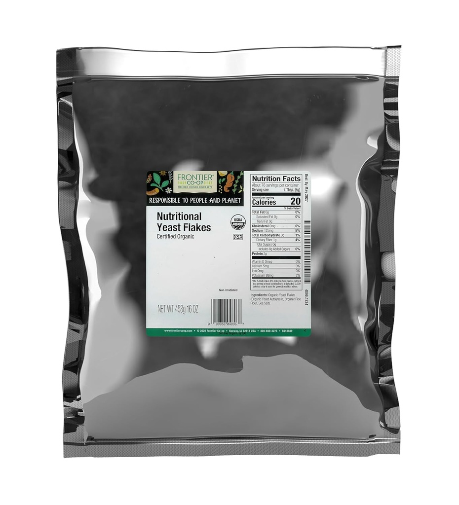 Frontier Co-op Organic Nutritional Yeast Flakes, 16 Oz, Bulk Bag - Essential B Vitamine, non-iradiate, Kosher Yeast - parmezan Cheese Substitute