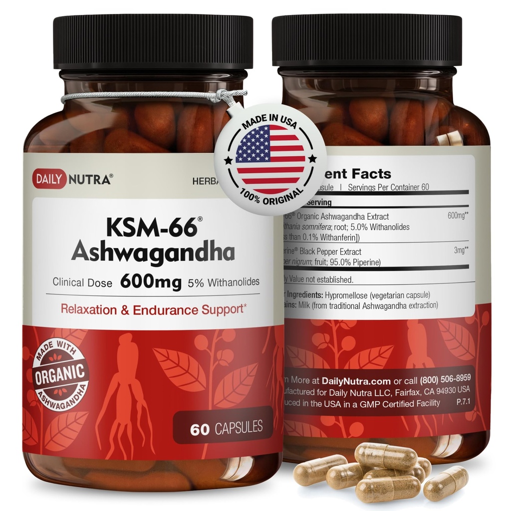 DailyNutra KSM-66 Ashwagandha 600mg extract de rădăcină organică - supliment de mare potenta cu 5% Witanolide 