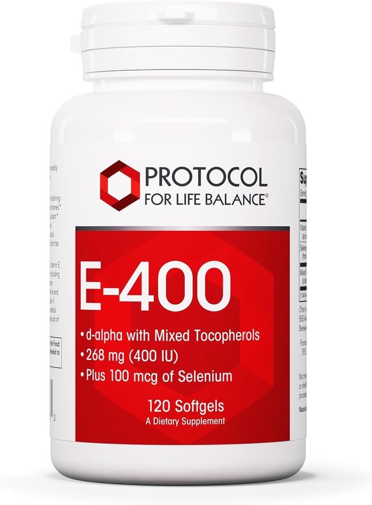 Protocolul E-400 268 (400 UI) - Vitamina E Softgels - Antioxidanti Supliment cu seleniu - d-Alpha cu tocoferoluri mixte - Dairy Free & Halal - 120 Softgels