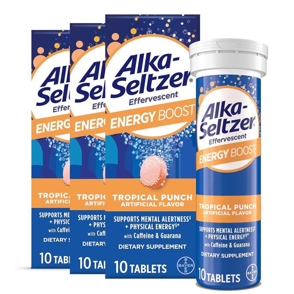 Alka-Seltzer Energie Boost: Cofeina & Guarana, B Vitamine, Sprijină Alertare mentală și energie fizică, Suplimentul energetic zilnic, Fizzy Tablete, Zahăr-Free, Pumn Tropical Lumina, 30ct