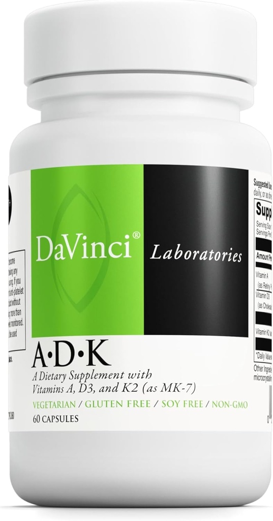 DAVINCI Labs ADK - Ajuta la sustinerea sanatatii osoase, cardiace si imune - Supliment alimentar cu vitaminele A, D3 si K2 (ca MK-7) - Vegetarian, Gluten Free & Soy Free - 60 capsule