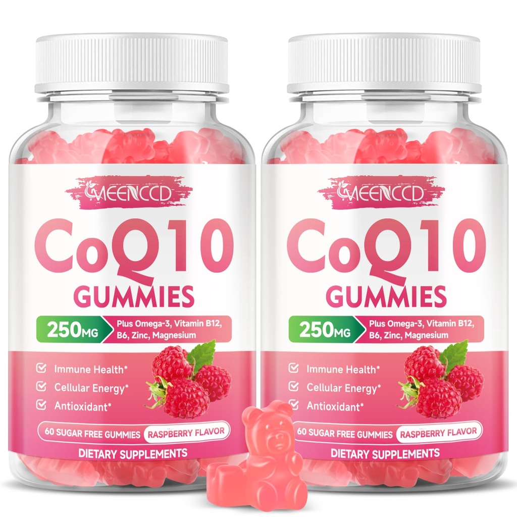 Sugar-Free CoQ10 Gummies 250mg, Coenzime Q10 Suplimente Plus Omega-3, Vitamina B6 & Zinc, Supliment de înaltă absorbție CoQ10 pentru energie celulară și suport antioxidant, Aroma de zmeură, Vegan 120Cts