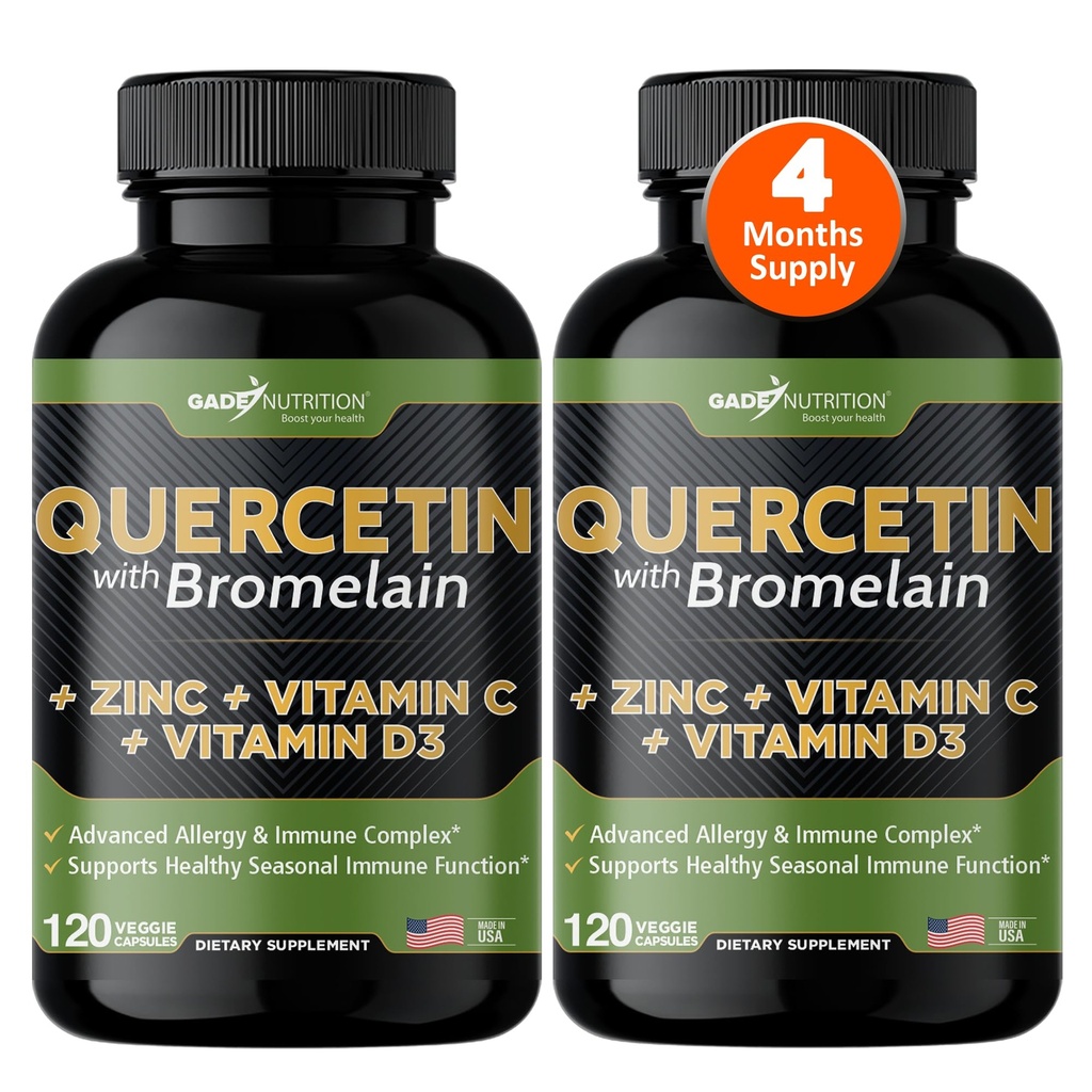 Gade Nutrition Querbetin cu vitamina C și zinc - Quercetin 500mg - Querbetin cu Bromelain - Zinc Querbetin - Querbetin Suplimente + vitamina D3 (non-GMO, Gluten-Free, Vegan) - 4 luni de aprovizionare