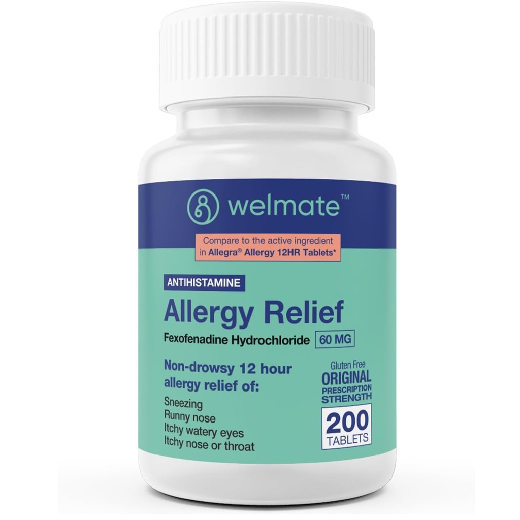 Welmate - Alergie Relief - Fexofenadină HCl 60 mg - 12 Ore Antihistaminice non-drowsy - Strănut - Runny Nose - Itchy Eyes, Nose & Throat - Alergia Relief Tablets - 200 Conte
