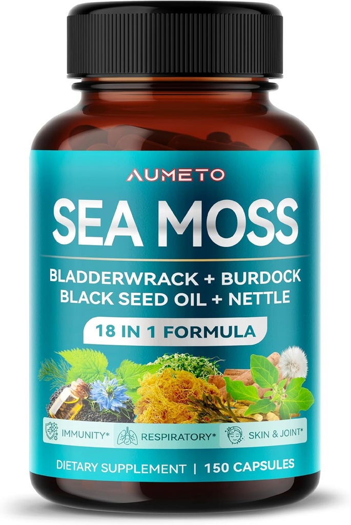 Premium Sea Moss Supliment cu Black Seed Oil, Ashwagandha, Bladderwrack, Nettle- Advanced 18-in-1 Formula pentru Imunity Boosting, Mineral-Rich - Made in the USA (150 Count (Pack of 1))