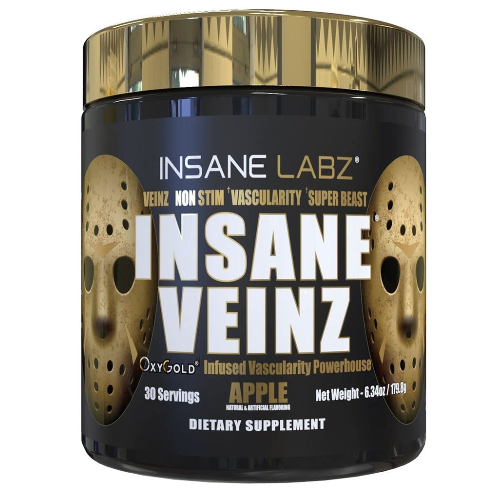 Insane Labz Insane Veinz Gold, oxid de azot non Stimulant pre Praf de antrenament, încărcat cu Hydromax, Nitrosigine, Creste vascularitatea si fluxul sanguin, 30 Srvgs, Apple