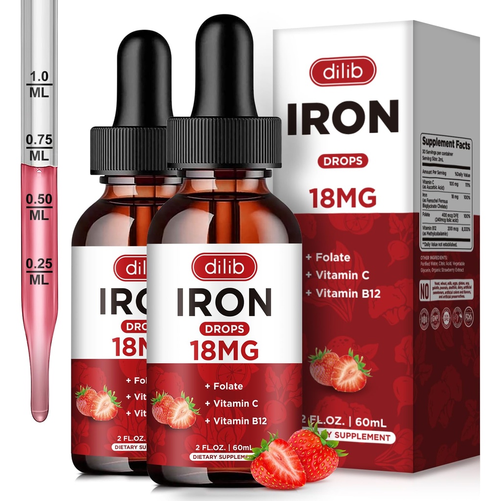 (2 ambalaj) Supliment de fier lichid pentru femei si barbati picaturi de fier Suplimente de fier pentru anemie cu Folat, vitamina C, B12 pentru Red Blood Cell suport-Strawberry, 4 Fl Oz