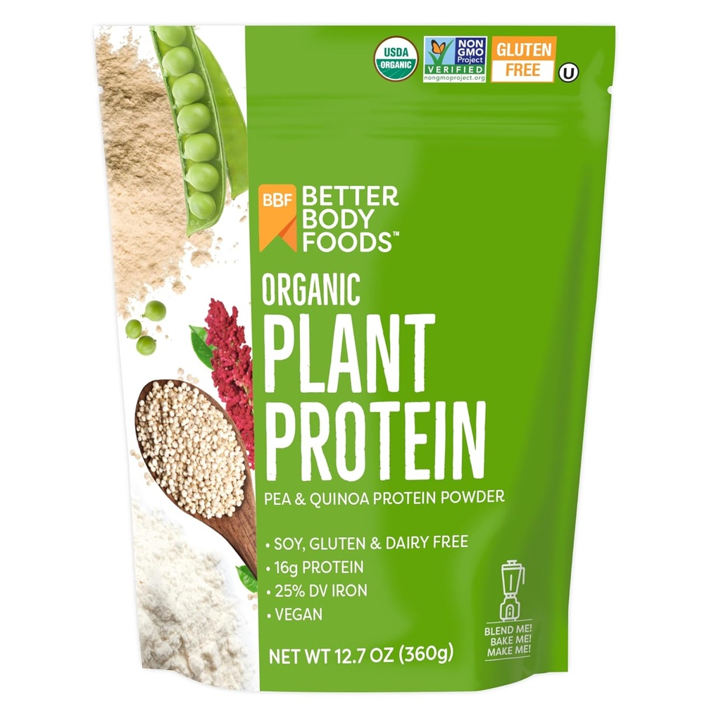 BetterBody Foods Organic Plant based Proteine Powder, 16g de proteine 24% DV, Vegan, Low Net Carbs, Gluten Free, Dairy Free, No Sugar Aded, Soy Free, Non-GMO, 12,7 Ounces