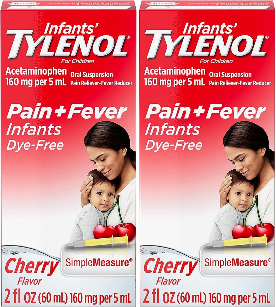 Tylenol Infanterie Suspensie orală, Die-Free, Cherry, 2 Fl. Oz (Pachet de 2)