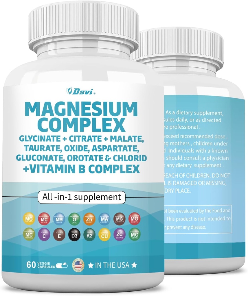 60 Conte Magneziu Complex 2285 mg cu magneziu Glycinate Citrat Oxid de malat Taurate Gluconate Orotate & Mag Clorura, Zinc Copper Mangan & Vitamina C B1 B2 B6 B12 Complex SUA