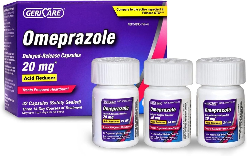 GeriCare Omeprazole Capsule cu eliberare întârziată 20,6 mg - Pastile de reducere a acidului pentru 24 de ore Relief de arsuri la stomac - Acid Reflux Medicina pentru tratarea arsurilor frecvente la stomac (conte)