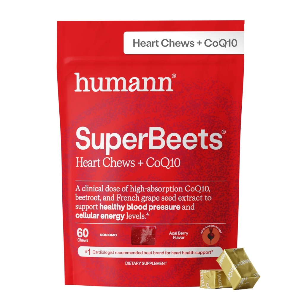 HumanN SuperBeets Chews Heart Advanced - 100mg de CoQ10 Plus Beetroot & Extract de semințe de struguri, 60 Conte