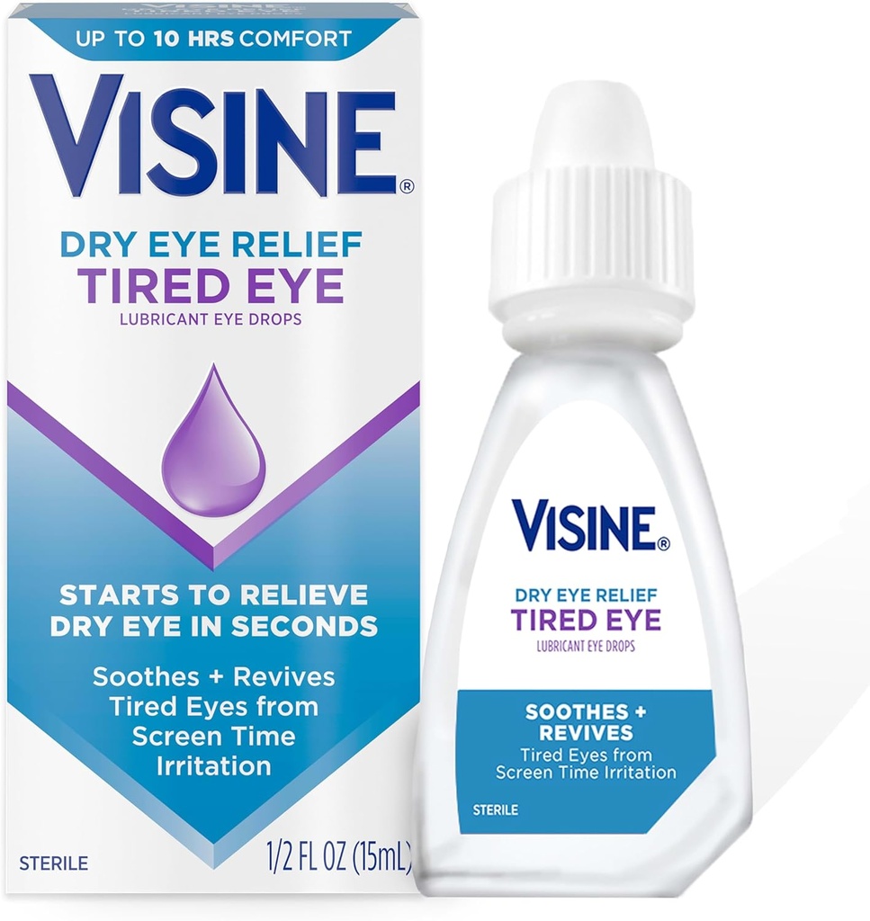 Visine Dry Eye Relief Ochi Obosit Picături Ochi Lubricant, Umezeală & Soothing Picături sterile pentru Iritat, Ochi Uscaţi şi Obosiţi Datorită iritaţie timp de ecran, Polietilenă Glycol, 0.5 fl. oz