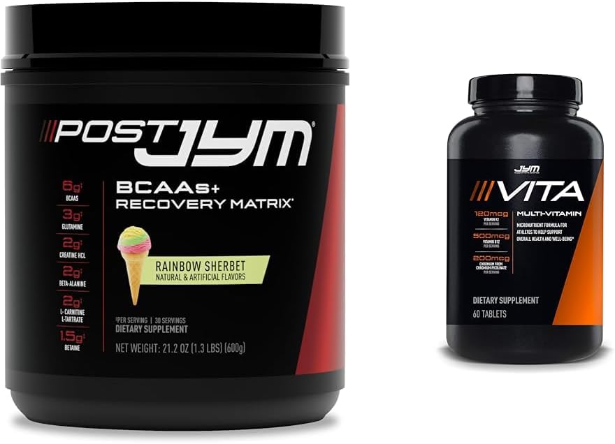 Post JYM Active Matrix Post- Workout cu BCAAs, Glutamina & More Rainbow Sherbert Flavor + Vita JYM Multivitamine sport cu peste 25 ingrediente cheie 60 comprimate