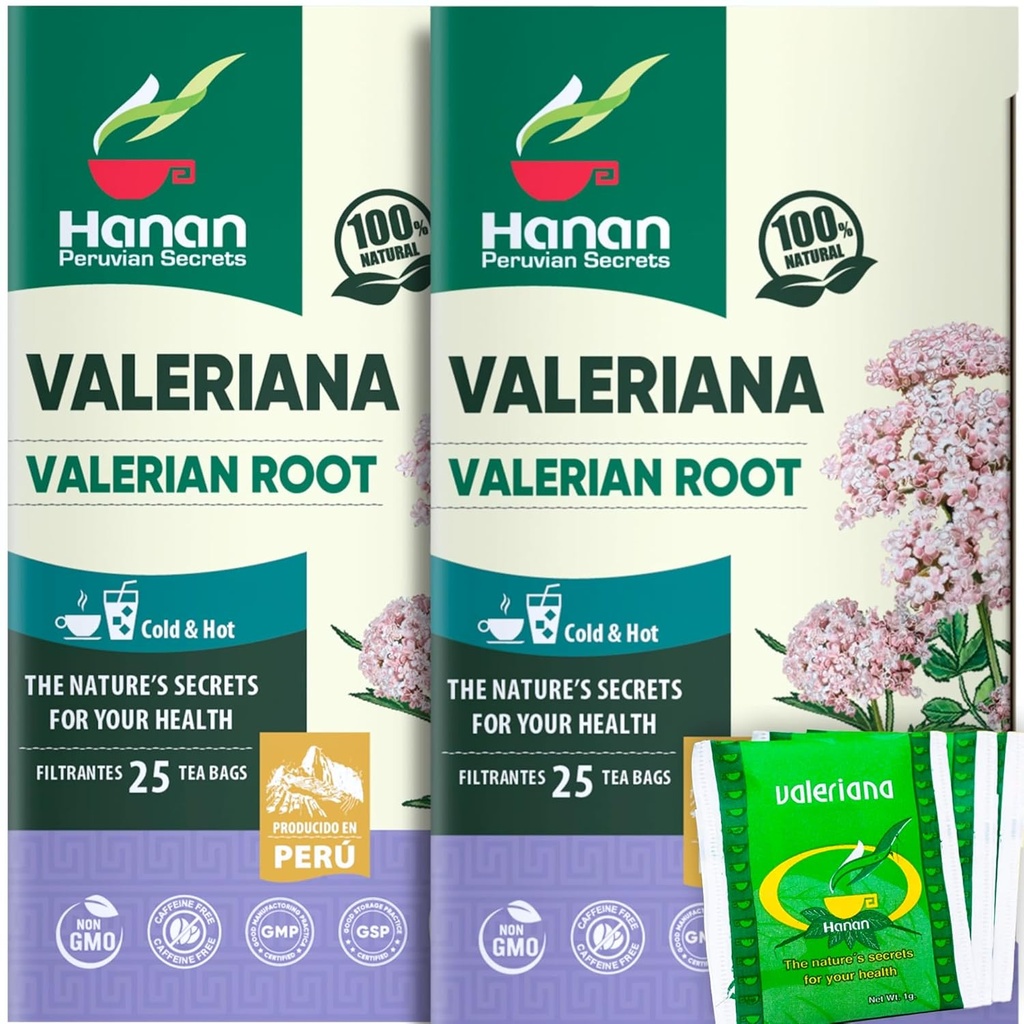 Hanan Valerian Root Tea for Bedtime (50 Bags) - Te de Valeriana, Herbal Calmant Night Tea - 100% Pur, Cafeina-Free, Non-GMO, Herb din Peru - Pachet de 2 cutii