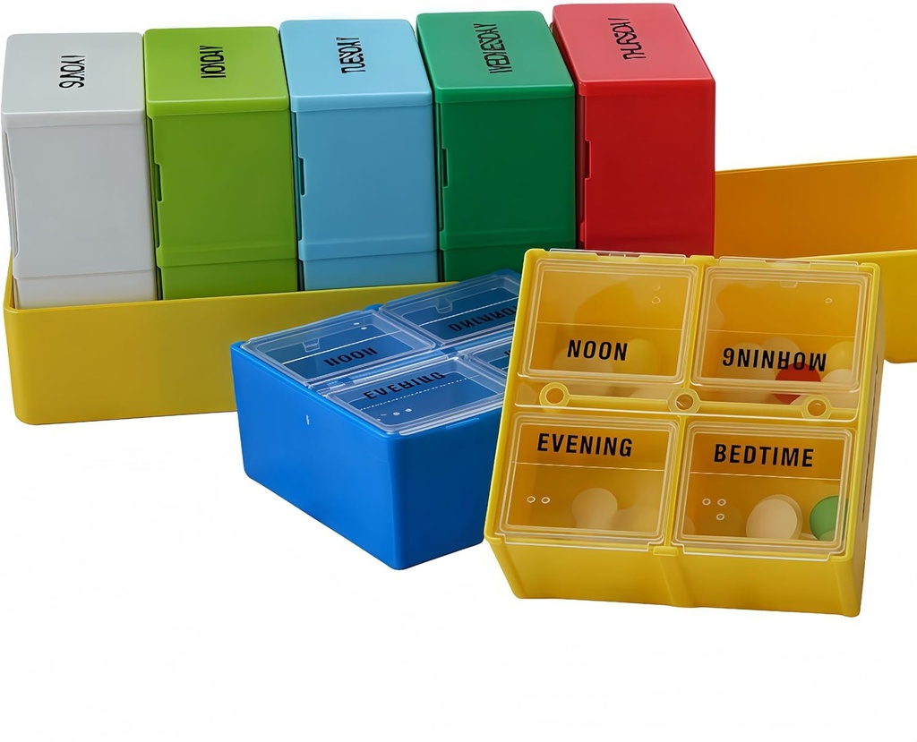 Caz mare săptămânal Pilula, 7 zile pastile Compartimente, Pilula Organizator 4 Times Daily, 4-A-Day Pill Container, Compartimente securizate, 7,8 x 2,3 x 2,3 in, galben