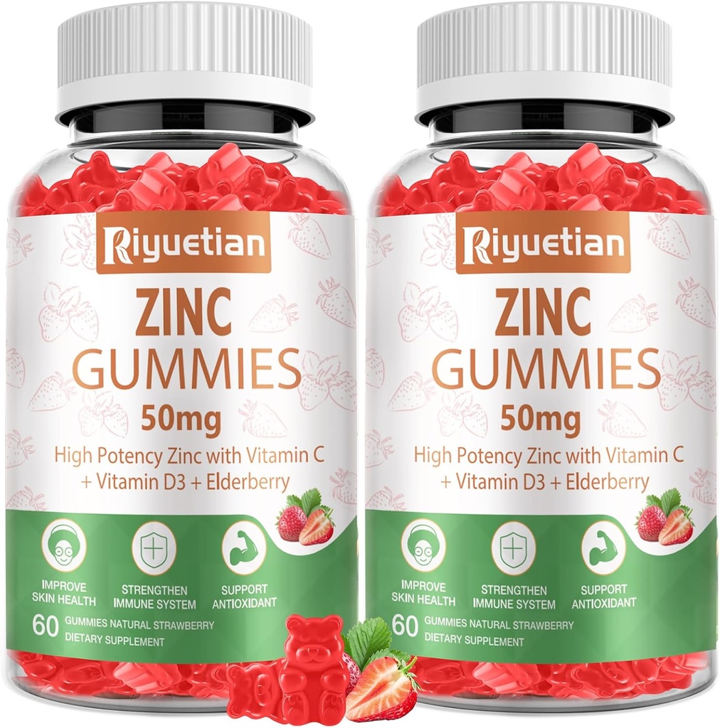 Gume de zinc 50mg - Vitamina C, D3 & Elderberry, Echinacea, Zinc Imuna sanatate Gumies, non-GMO, Suplimente antioxidante naturale pentru bărbați și femei, Vegan 2 ambalaj