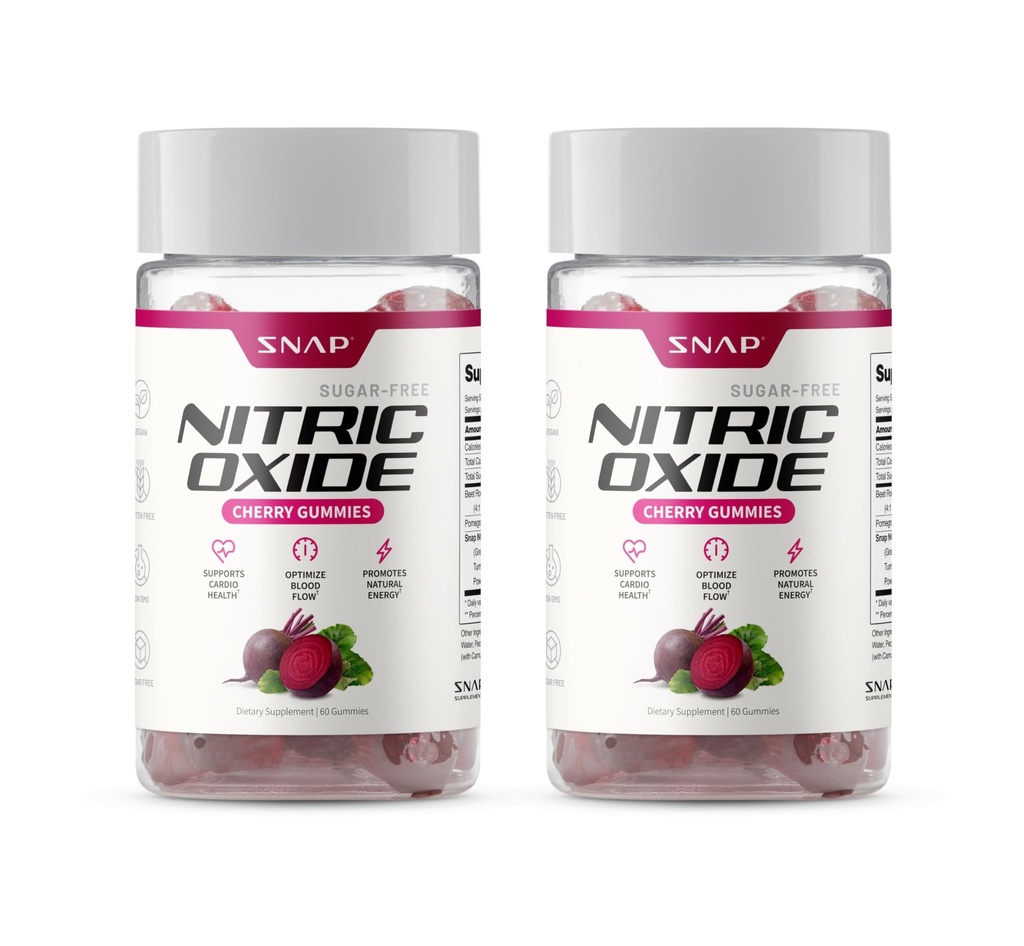 Snap Suplimente Sfeclă Root Gummies, Nitricoxid Supliment w/Organic Beets, Vitamine, rodii si antioxidanti pentru energie, Heart Health & Circuulation Support, 60 Sugar Free Gummies, 2 Pack, Cherry