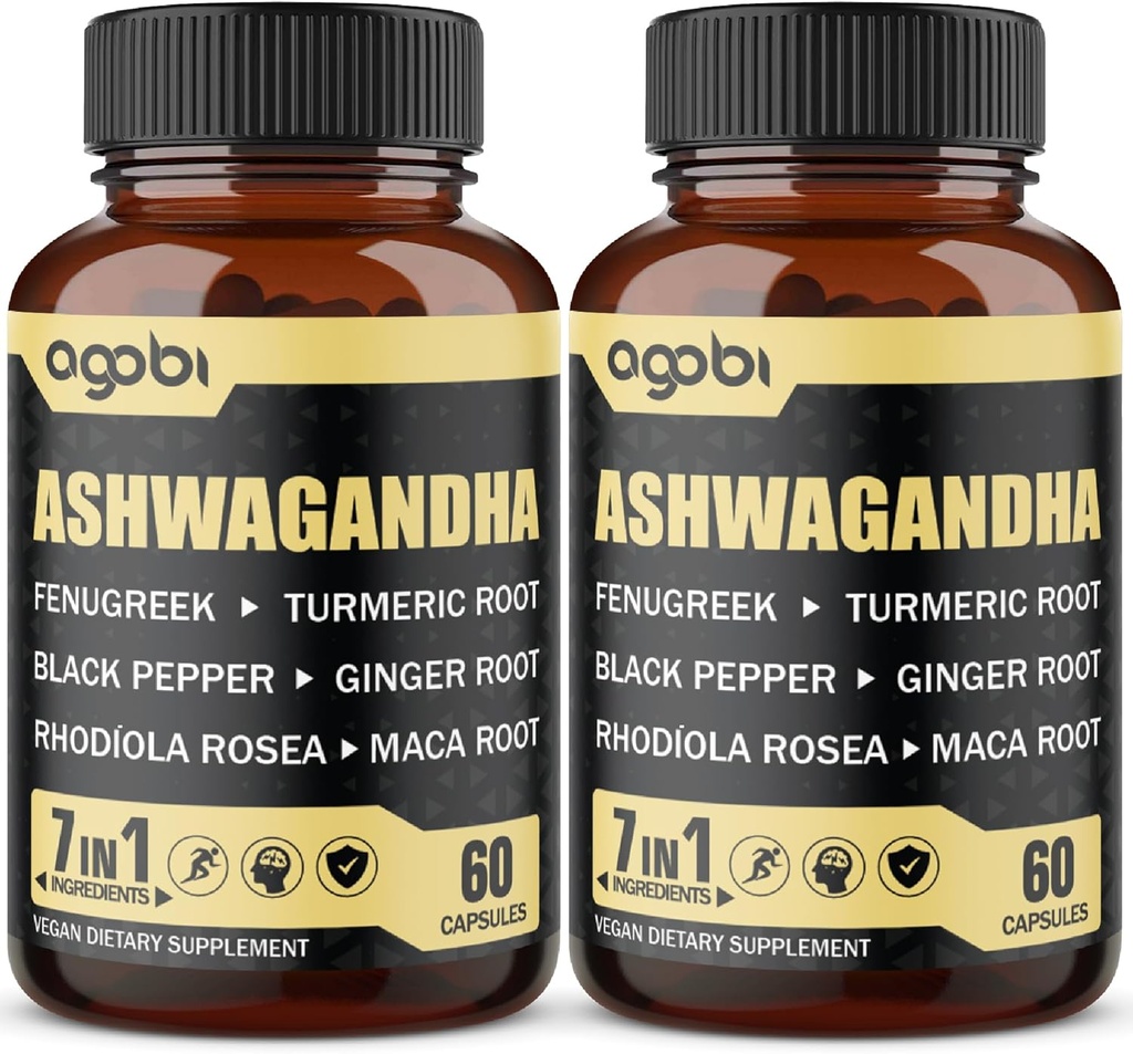 2 Pachete 60 Capsule - 8050 mg Ashwagandha Supliment de extractie - 7in1 cu Schinduf, Maca, Turmeric, Rhodiola, Ginger & Black Pepper - Spirit, Imune & Energy Support - 4 luni de aprovizionare