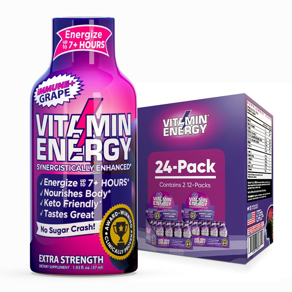 Vitamina Energie Immune+ Extra Putere Energie Shot Struguri 24 Pack, 260mg Cafeina naturala, B-Vitamina, Ceai verde, Imunitate & Focus de sprijin, Zero Zahăr, Gluten-Free 1.93 fl oz