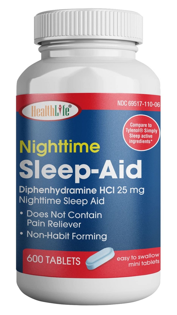 HealthPharma Nighttime Sleep-Aid, Difenhidramină HCL Caplete, 25 mg (Blue), 600 Conte