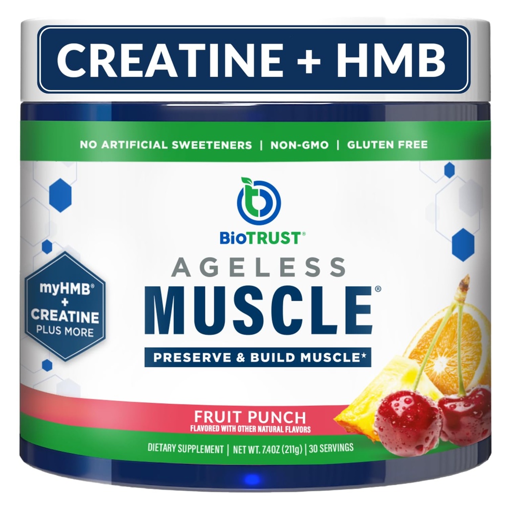 BioTrust Ageless Muscle Builder - Creatine HMB Pulbere cu vitamina D3 & Betaina - Construi și conservarea natural descrescător masa musculara si puterea - Punch de fructe, 30 Serviri