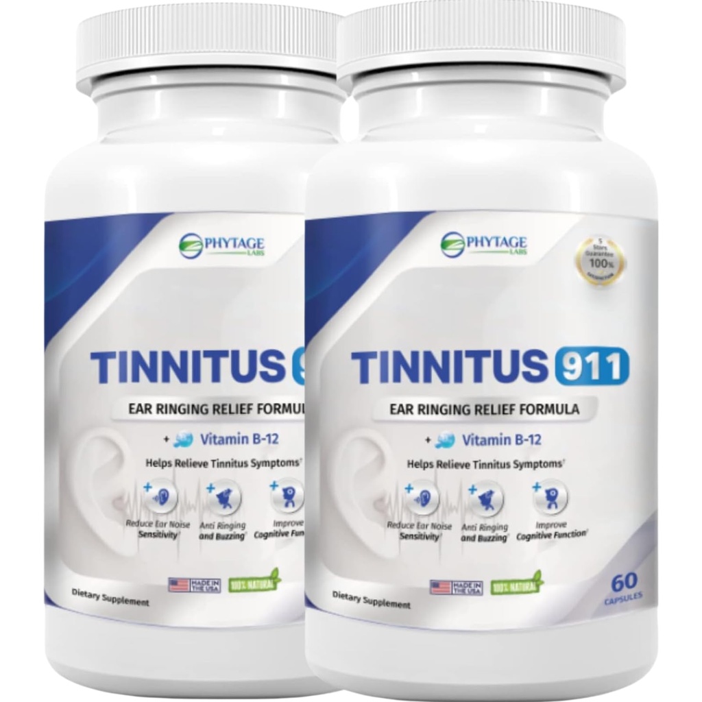 Tinnitus 911 – Advanced Ear Ringing Relief Supplement – Daily Auditory Support Formula with Vitamin B12, Hawthorn Berry, Olive Leaf & Green Tea Extract- 2 Pack