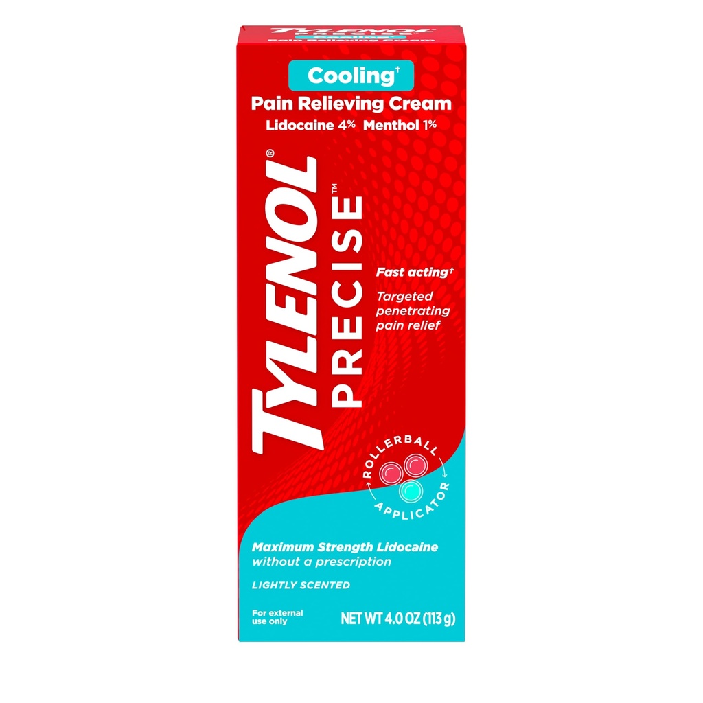 Tylenol Precise Cooling Numbing Cream, Rezistenta maxima 4% Lidocaină & 1% Mentol Topical Analgesic, Pain Relief Cream pentru Back, Muscle & Joint, Rollerball Aplicator, Fast-Action, Light Scent, 4 oz